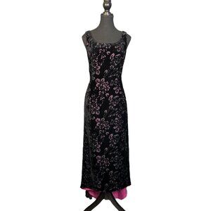 Vintage 90s Algo Black Burnout Velvet Floral Gown Pink Lining Size 10 Scoop Neck